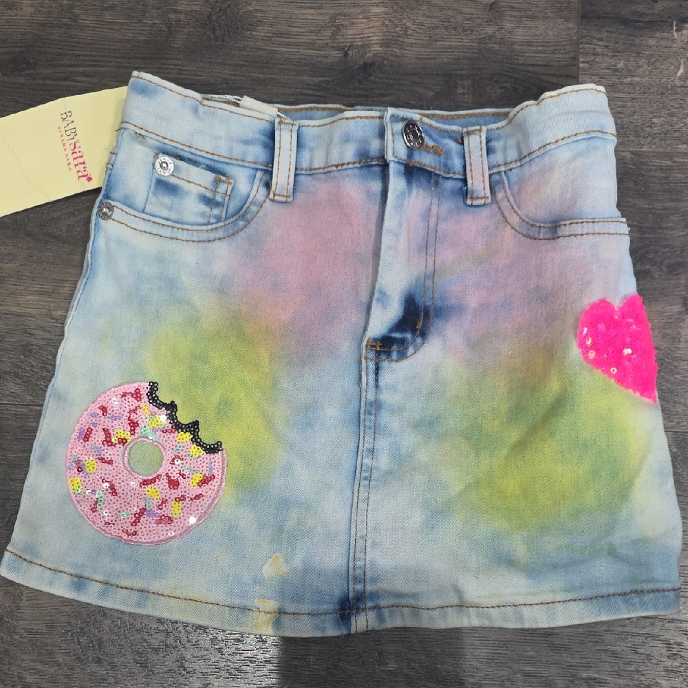 Colorful Denim Skirt with Donut and Heart Patches